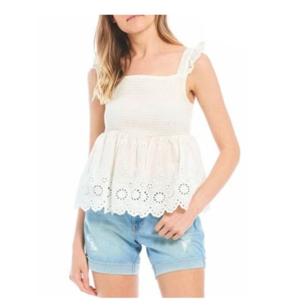Coco + Jaimeson Off White Smocked Eyelet Peplum Top L
